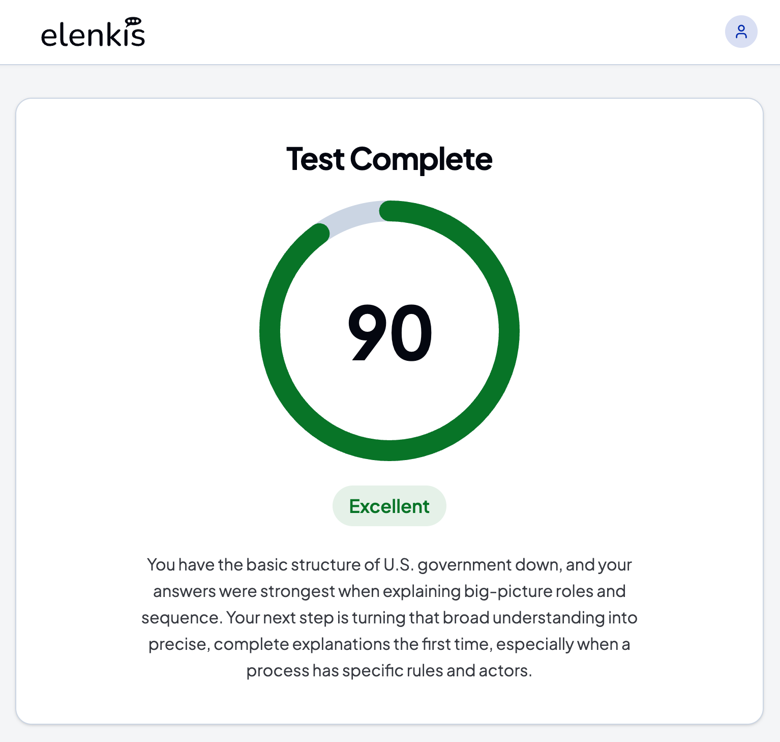 Elenkis test complete screen with a score of 90, an Excellent rating, and personalized feedback.