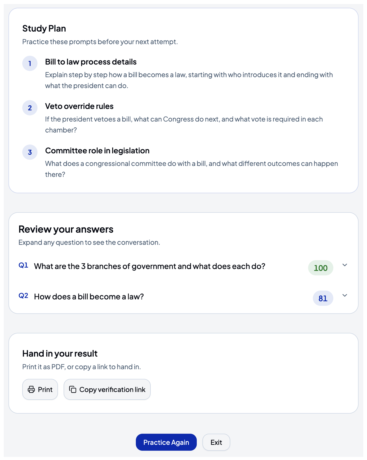 Elenkis report with a personalized study plan, question scores, answer review, verification link, and practice-again option.