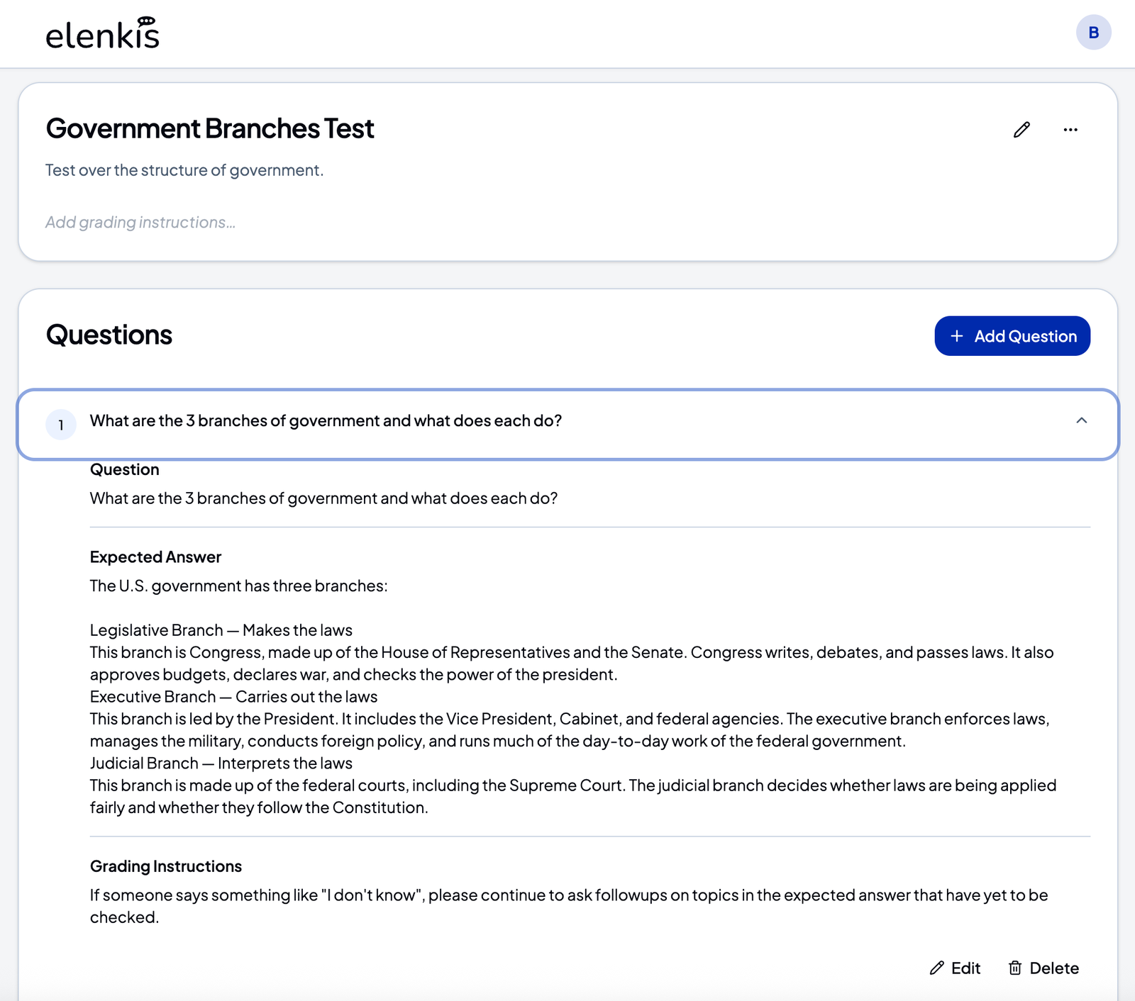 Elenkis instructor screen for building a Government Branches Test.